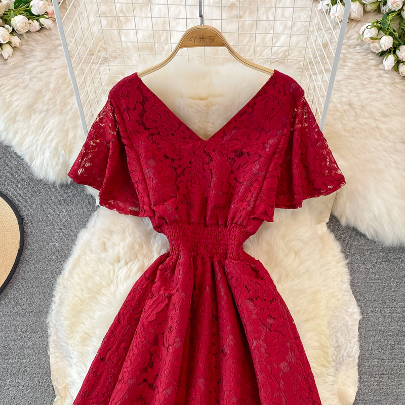 Cute V Neck Lace A Line Dress Fashion Dress 10919