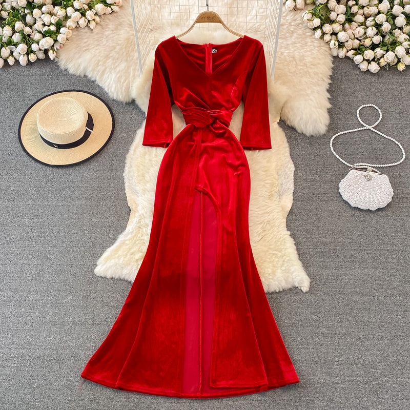 Stylish V Neck Velvet Long Dress Fahsion Dress 10938