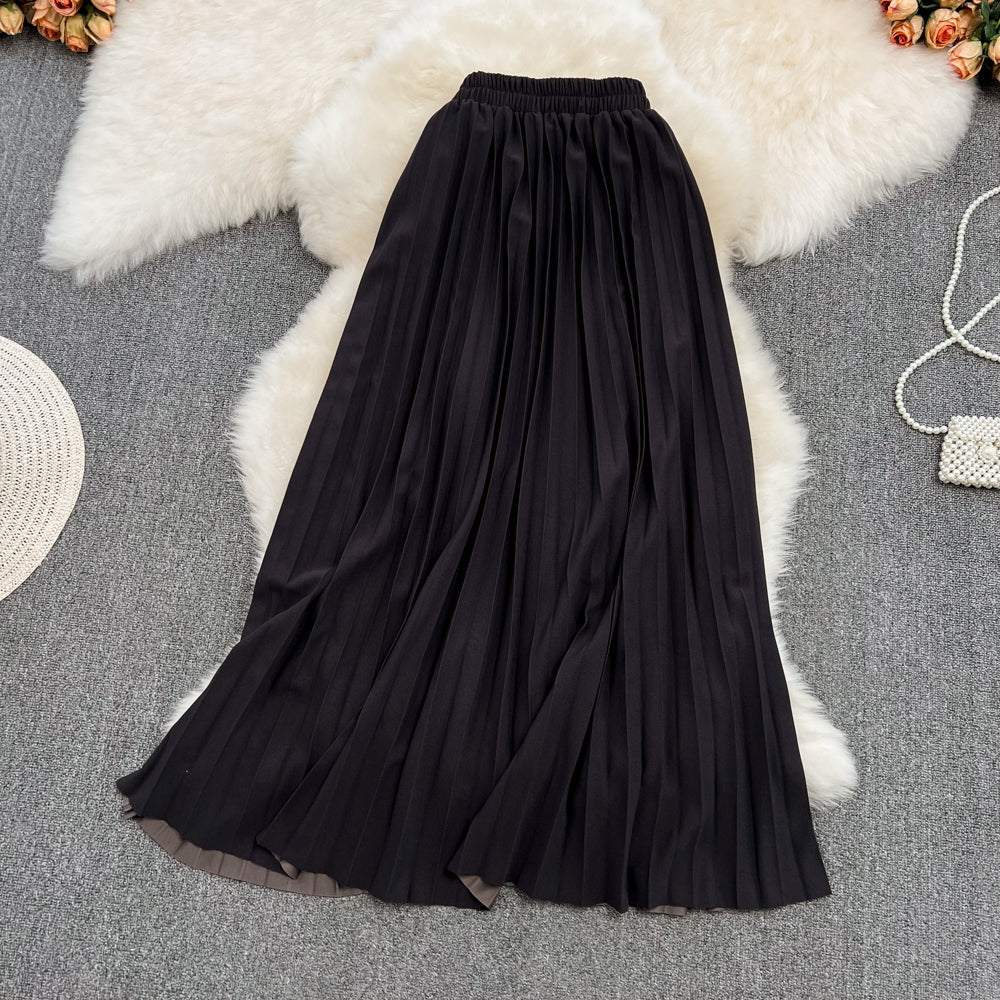 Versatile A-line pleated skirt, elastic waist, medium length, over Knee Skirt 11291