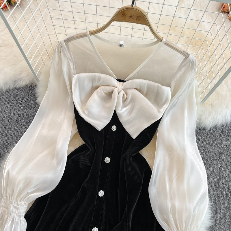 Cute V-Neck Bow Long Sleeve Dress Black Fashion Dress 10883
