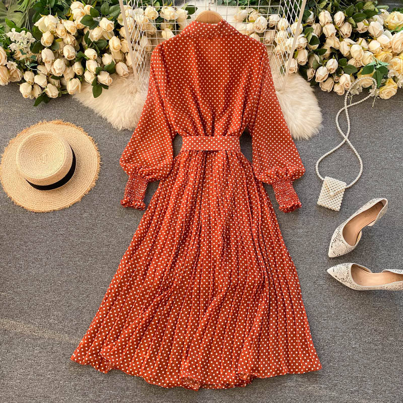 Fashionable A Line Polka Dot Long Sleeve Dress Fashion Dress 10924
