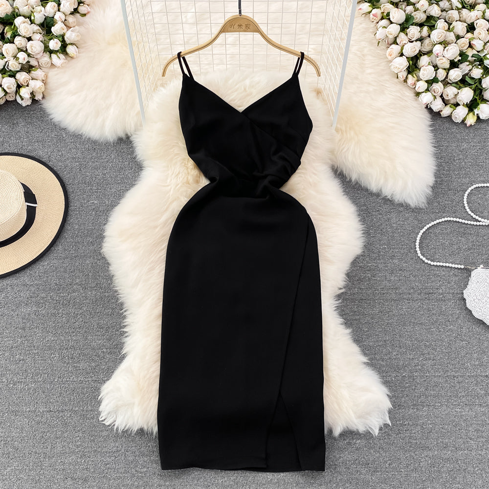 Slim and slim pleated sleeveless V-neck open hip dress 11194