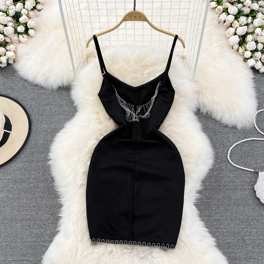 Sleeveless diamond studded tassel irregular Hip Wrap short dress 11153