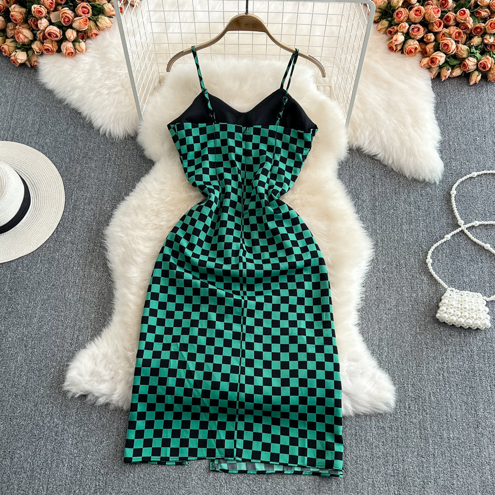 Fashion sleeveless backless split V-neck checkerboard dress 11126