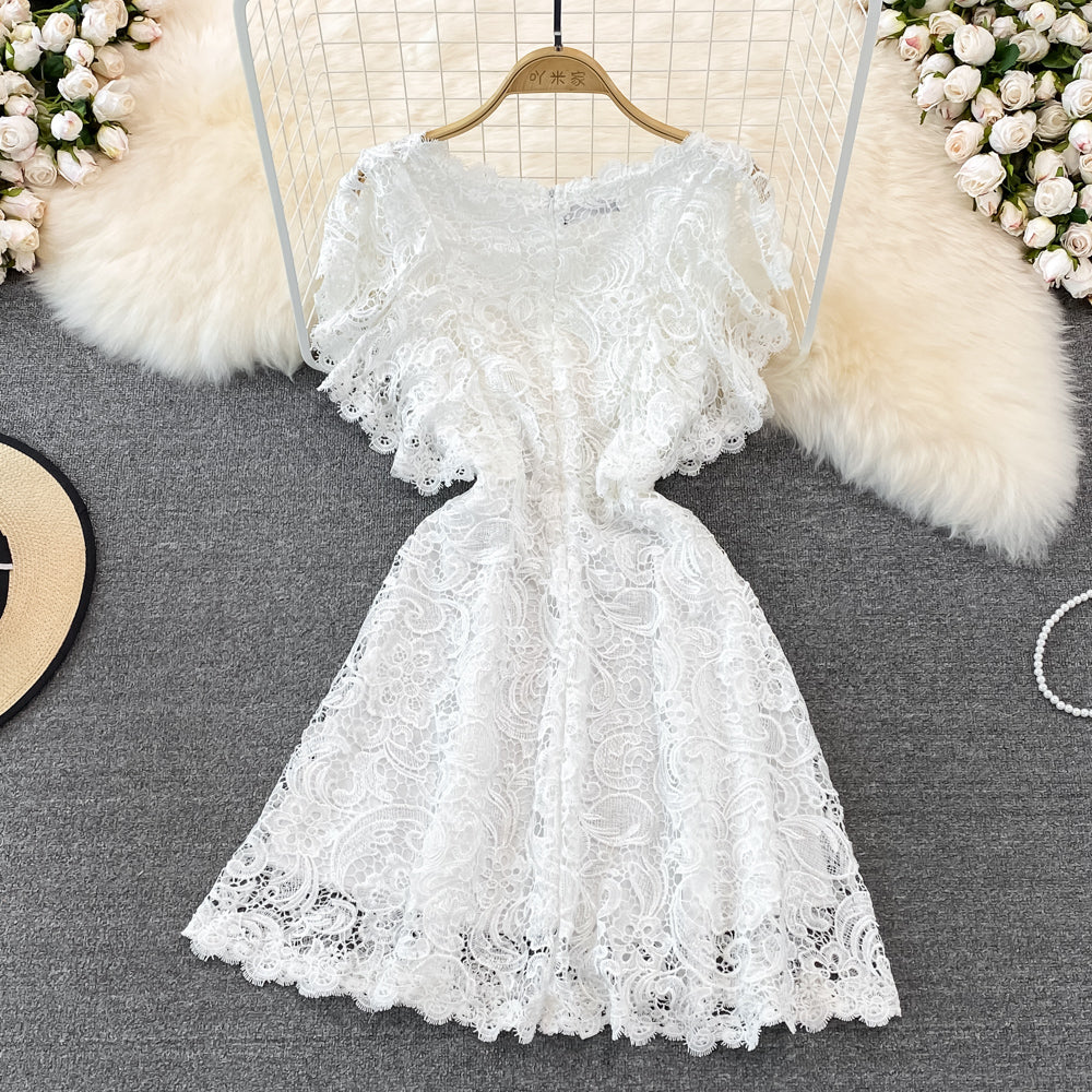V-neck waistband shows thin, flying sleeve A-line lace dress 11200
