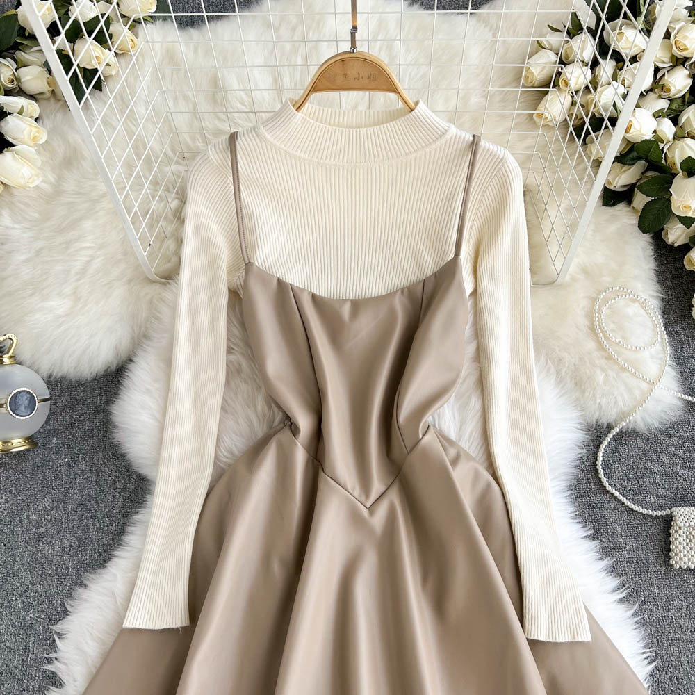 Fashionable Knitted Base Sweater + A Line PU Leather Dress Fashion Dress 10885