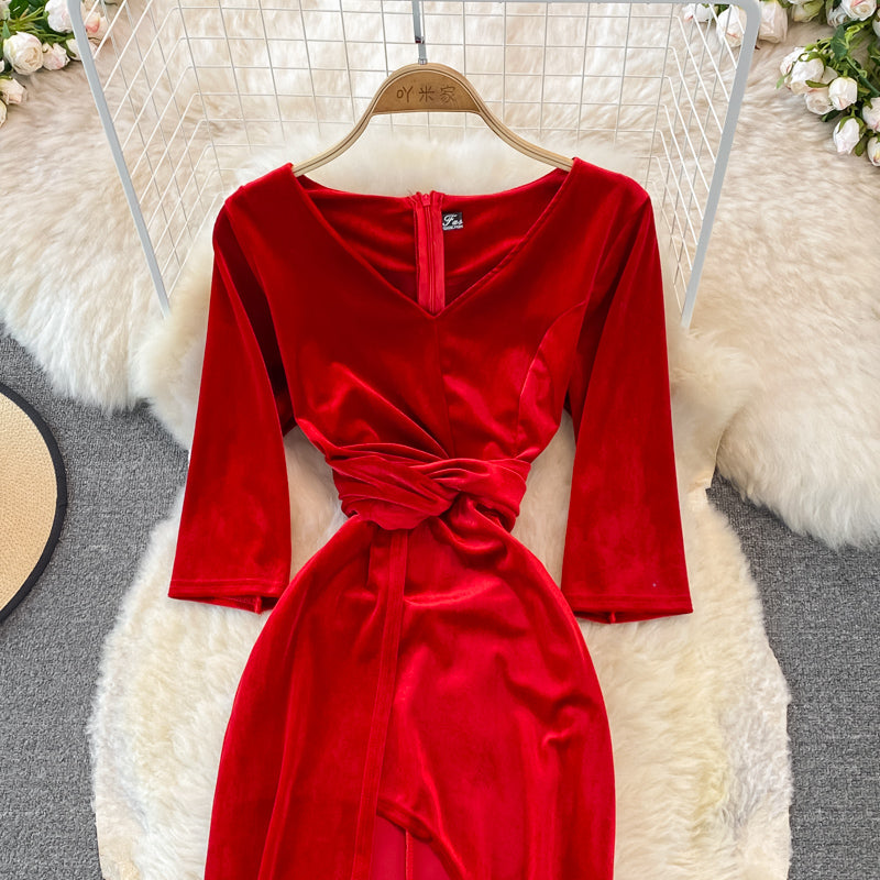 Stylish V Neck Velvet Long Dress Fahsion Dress 10938