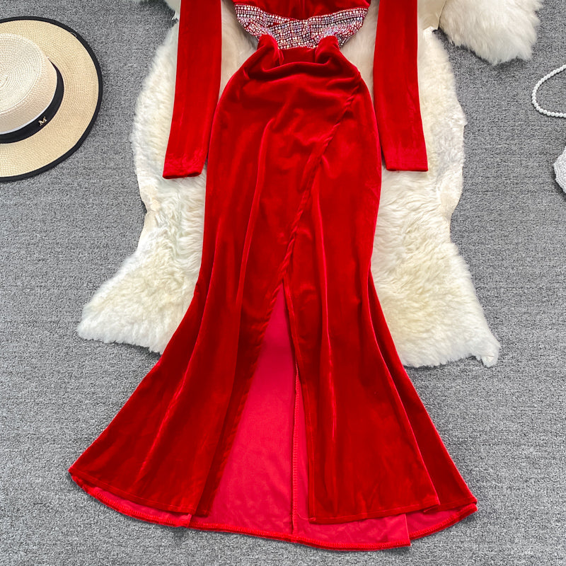 Sexy V Neck Velvet Beads Dress Fashion Dress 10927