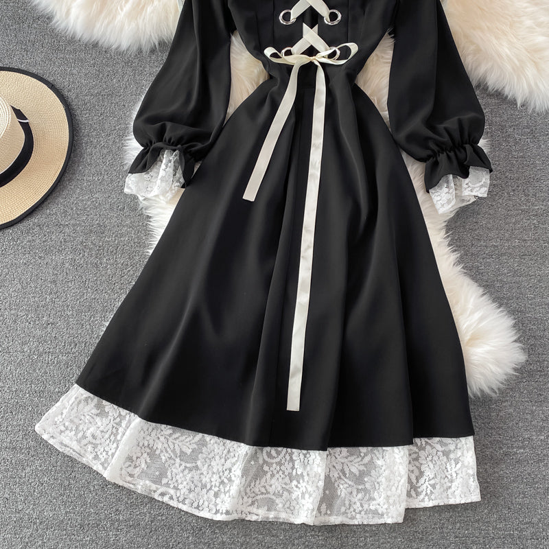 Black A Line Lace Short Dress Lace-Up Fashion Dress 10863