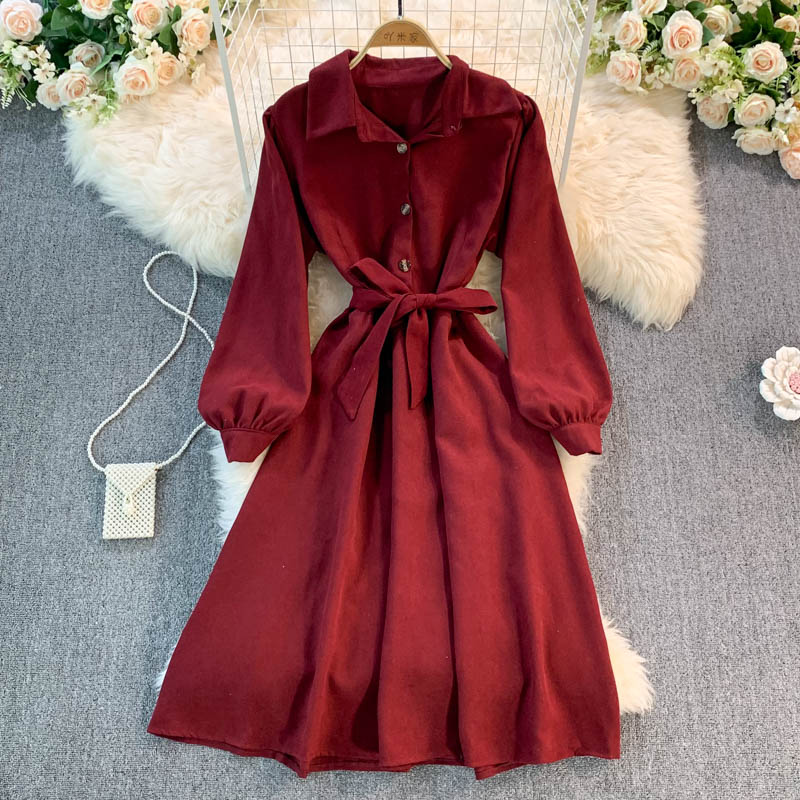 Sweet Long-Sleeved Corduroy Dress A Line Fashion Dress 10956