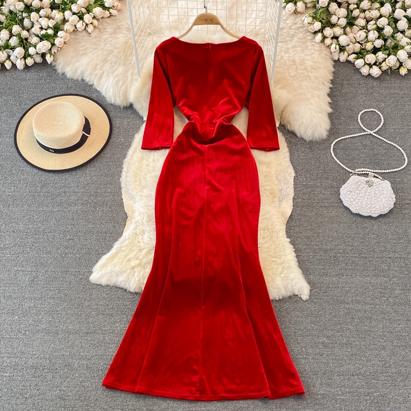 Stylish V Neck Velvet Long Dress Fahsion Dress 10938