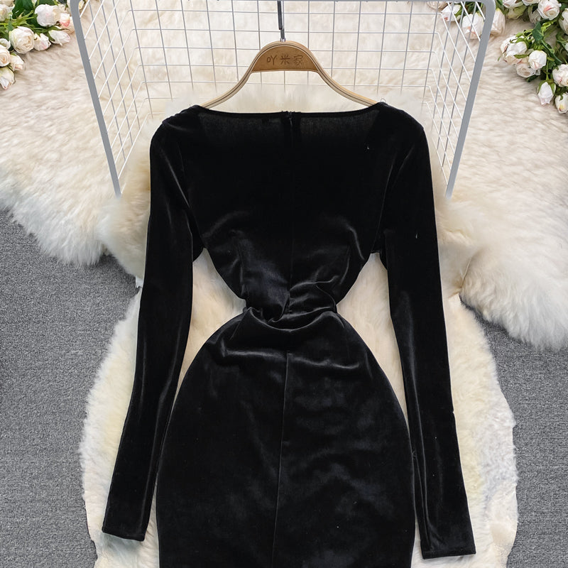 Black Velvet Long Sleeve Dress Sexy Dress 10948