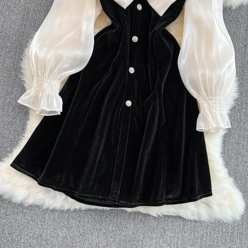 Cute V-Neck Bow Long Sleeve Dress Black Fashion Dress 10883