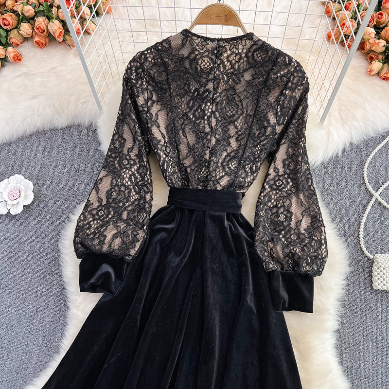 Black V Neck Lace A Line Dress Fashion Dress 10888