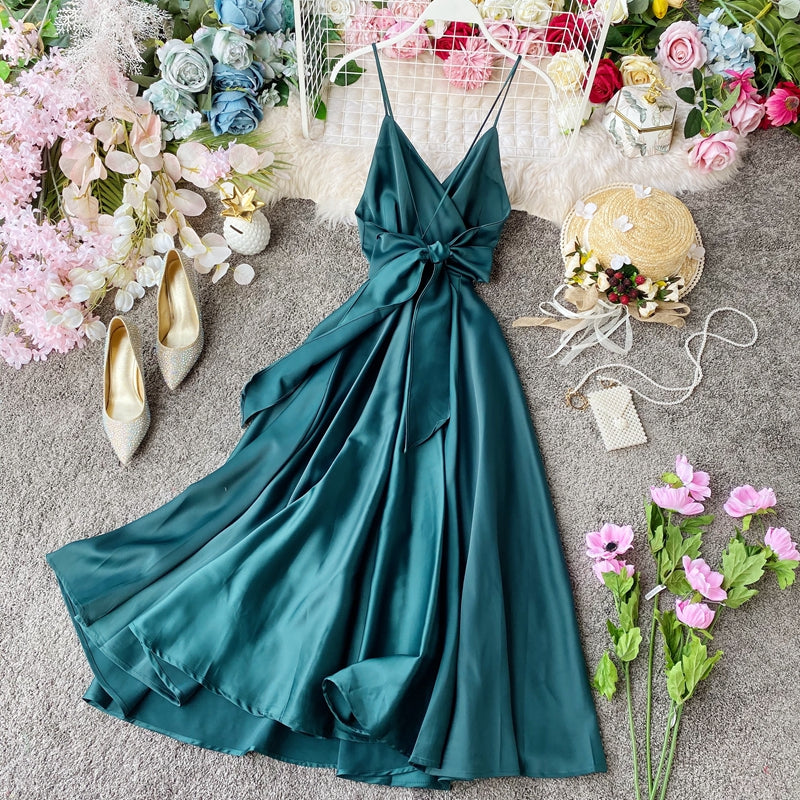Elegant V Neck Satin A Line Dress Fashion Dress 10857