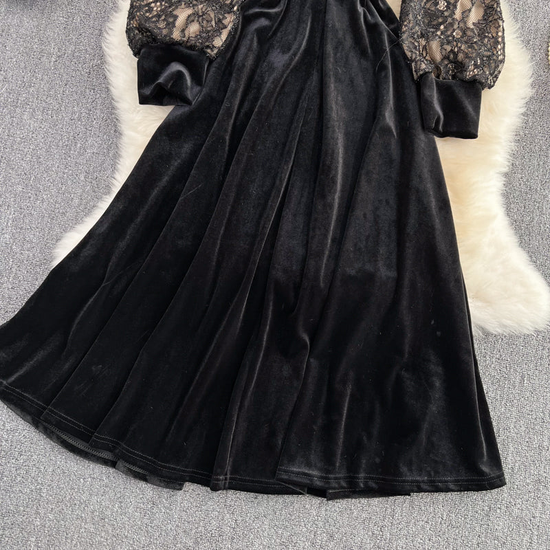 Black V Neck Lace A Line Dress Fashion Dress 10888