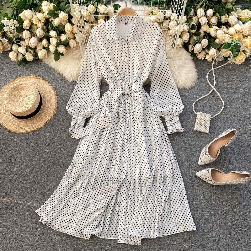 Fashionable A Line Polka Dot Long Sleeve Dress Fashion Dress 10924