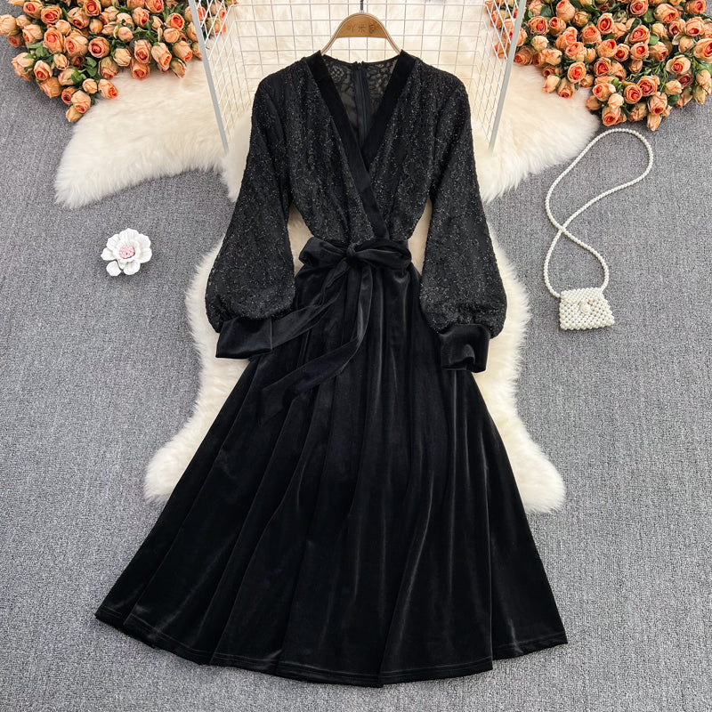 Black V Neck Lace A Line Dress Fashion Dress 10888