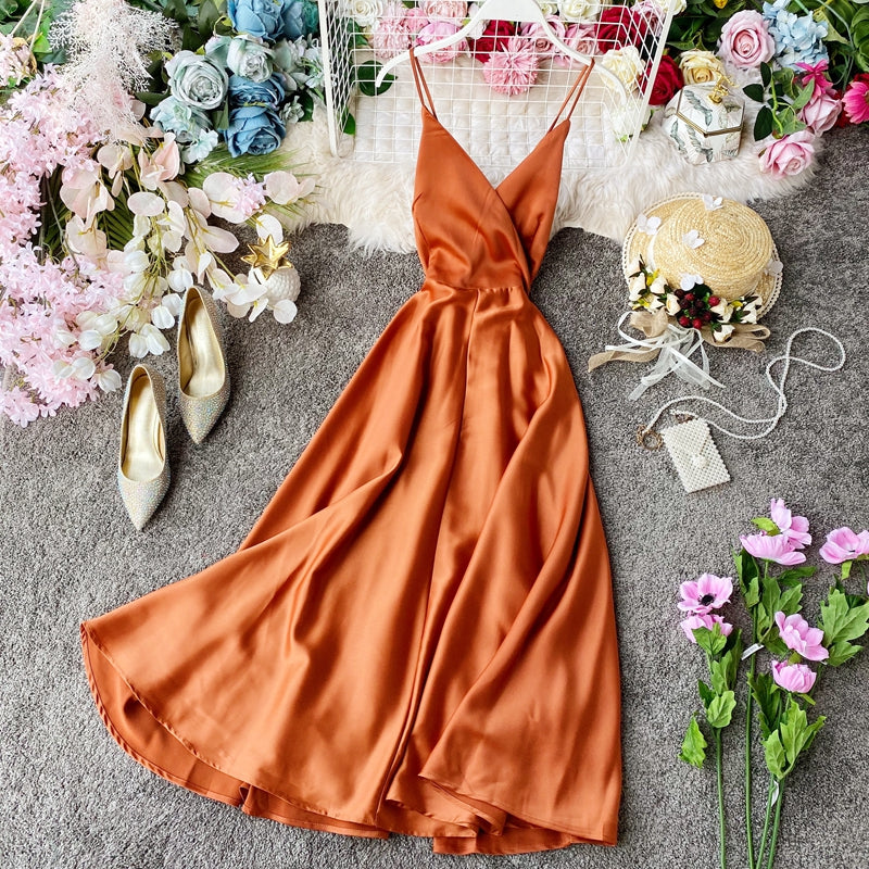 Elegant V Neck Satin A Line Dress Fashion Dress 10857