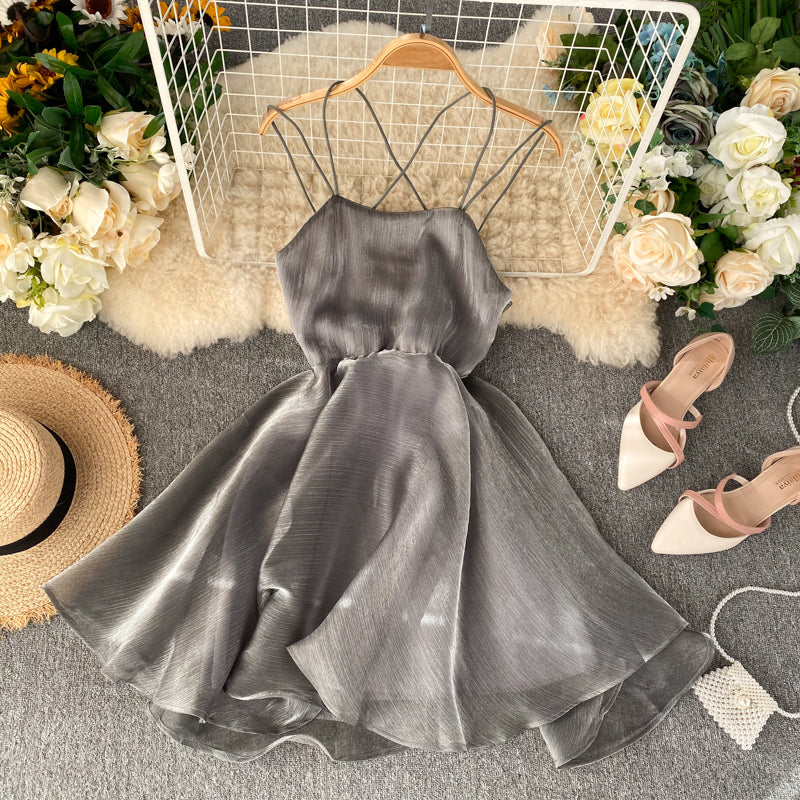 Gray Tulle Short Dress A Line Backless Dress 10817
