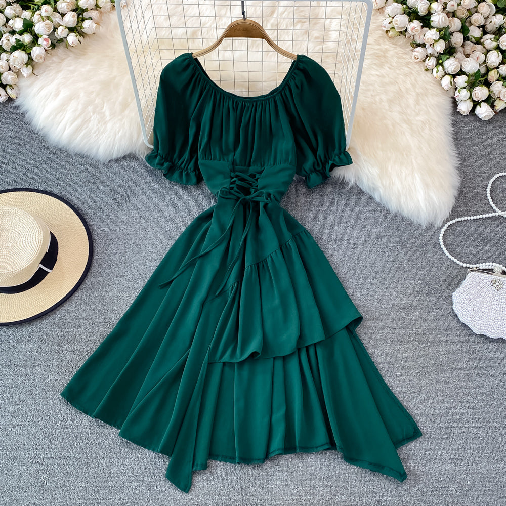 Simple Lace-Up Dress With Irregular Dress 10738