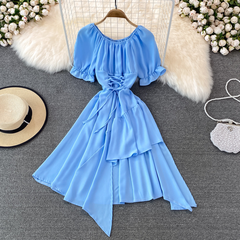 Simple Lace-Up Dress With Irregular Dress 10738