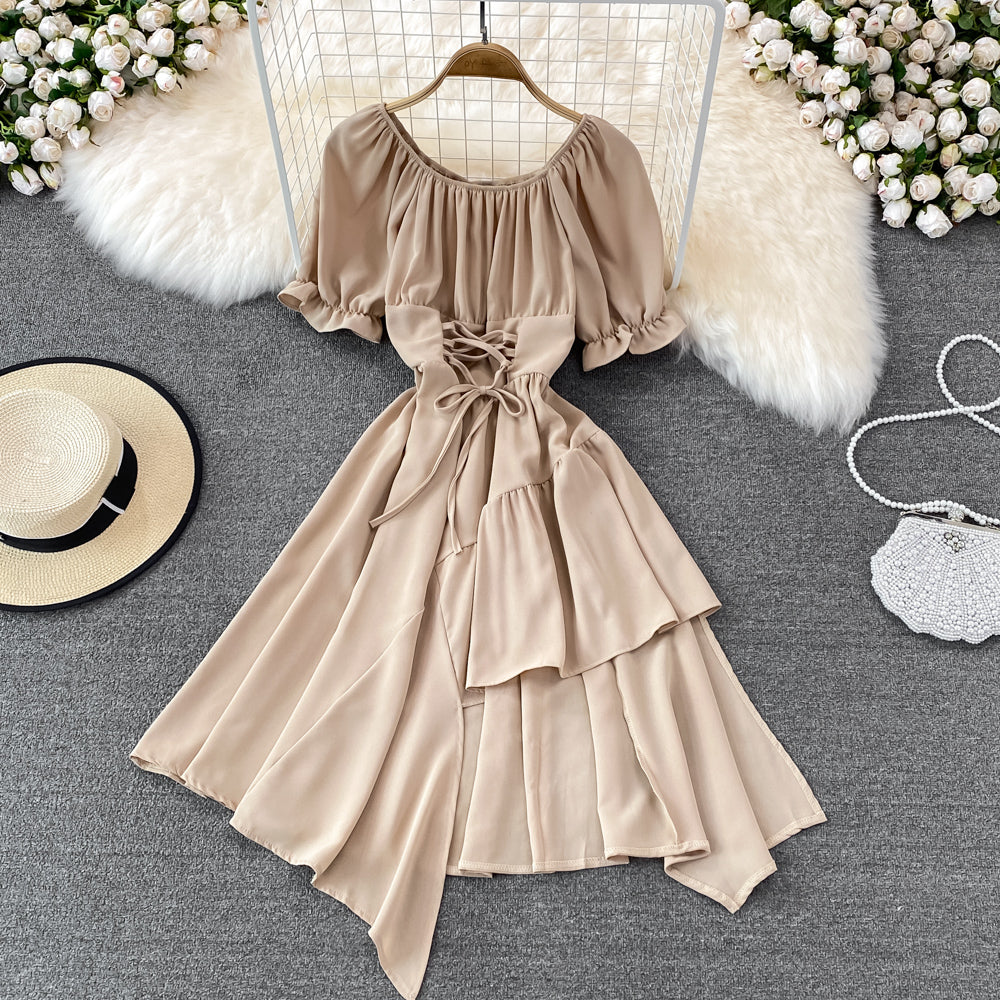 Simple Lace-Up Dress With Irregular Dress 10738