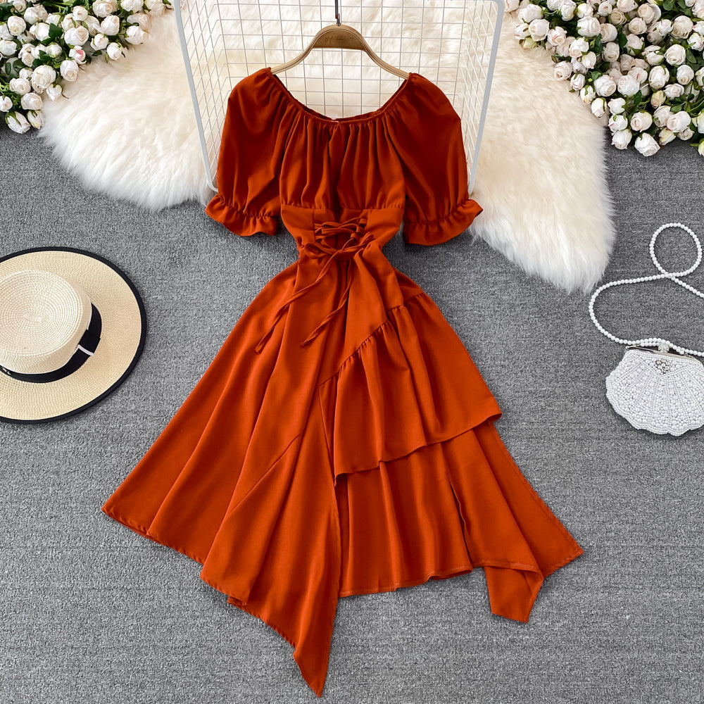 Simple Lace-Up Dress With Irregular Dress 10738