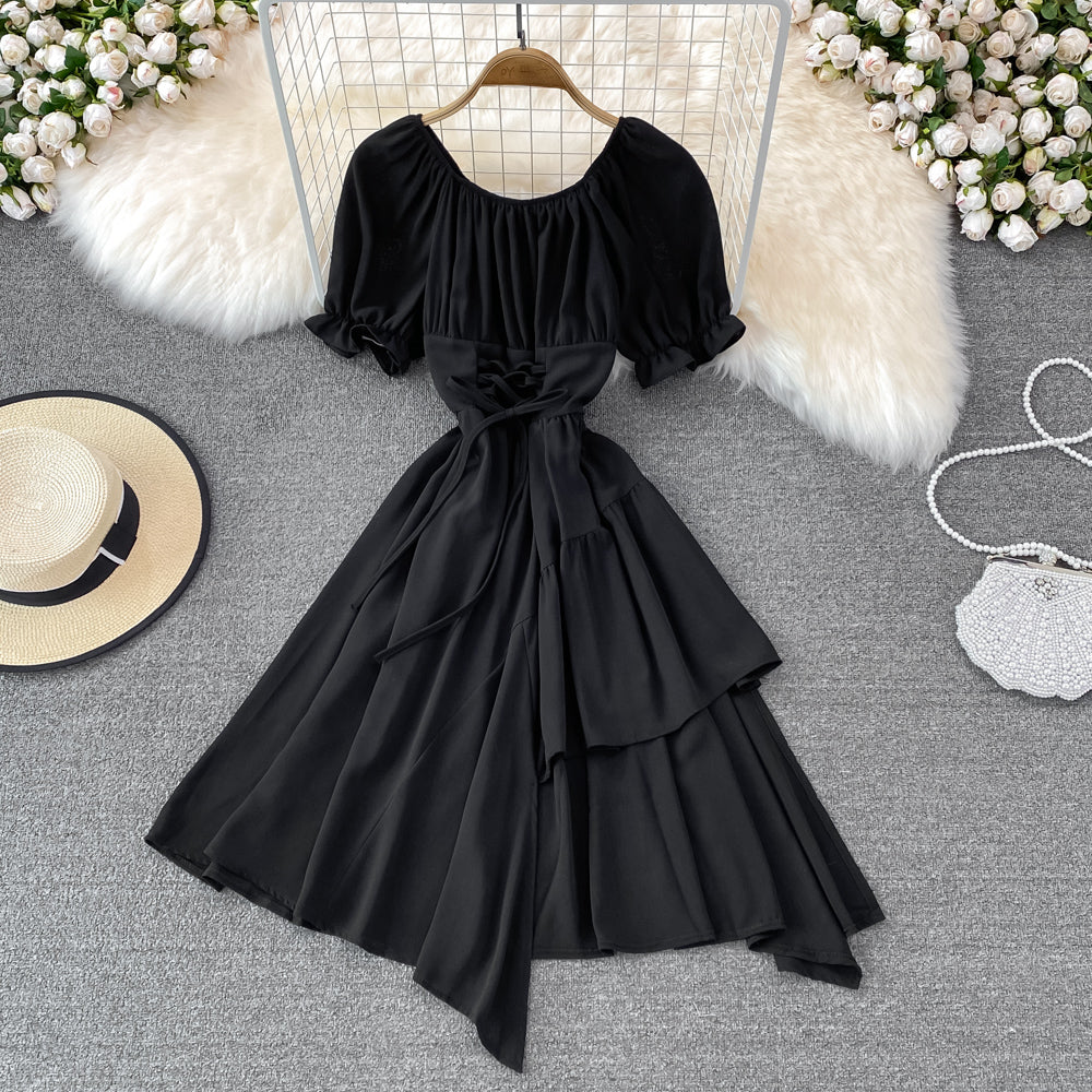 Simple Lace-Up Dress With Irregular Dress 10738