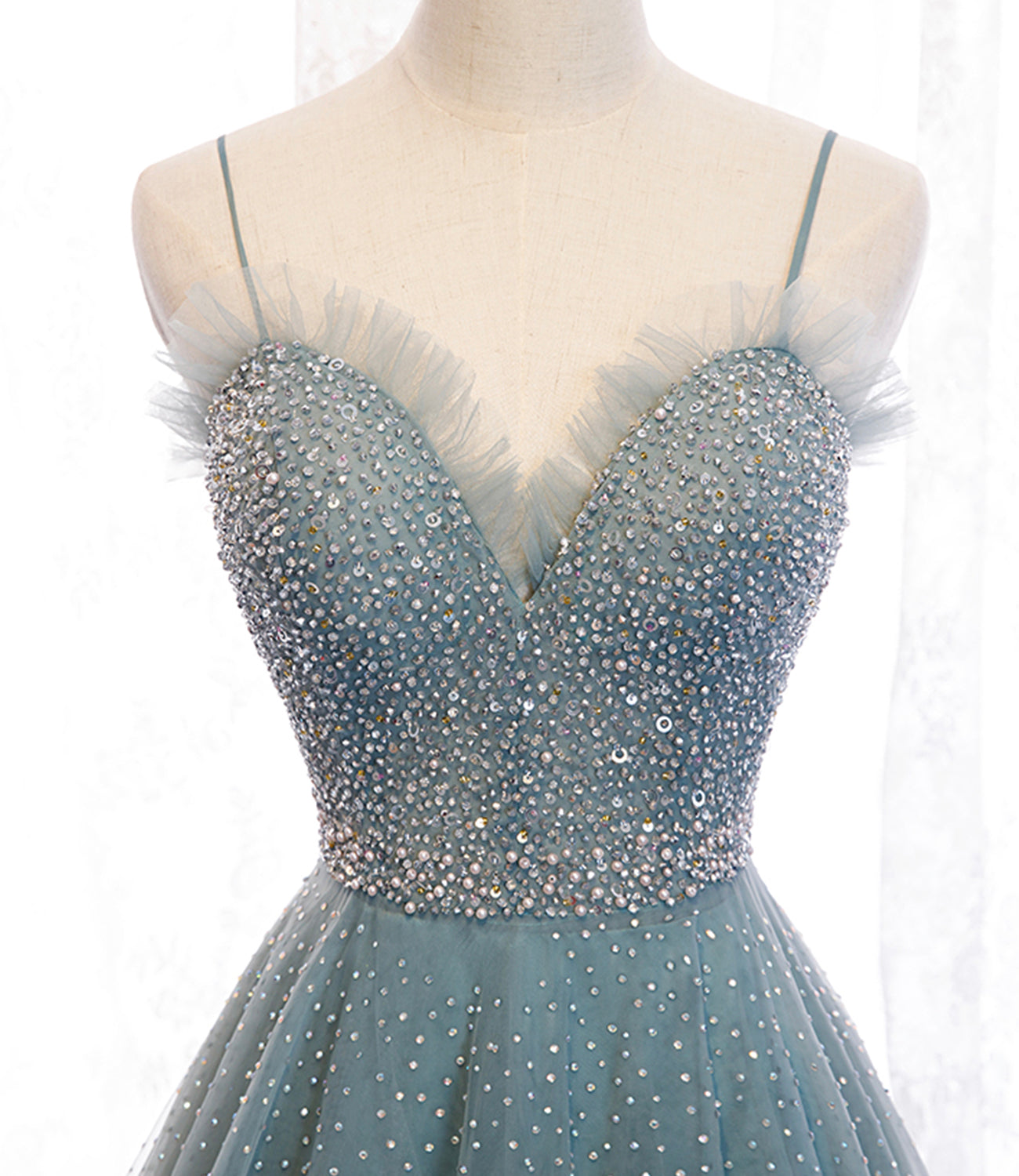 Blue tulle beads long prom dress A line evening dress 10501
