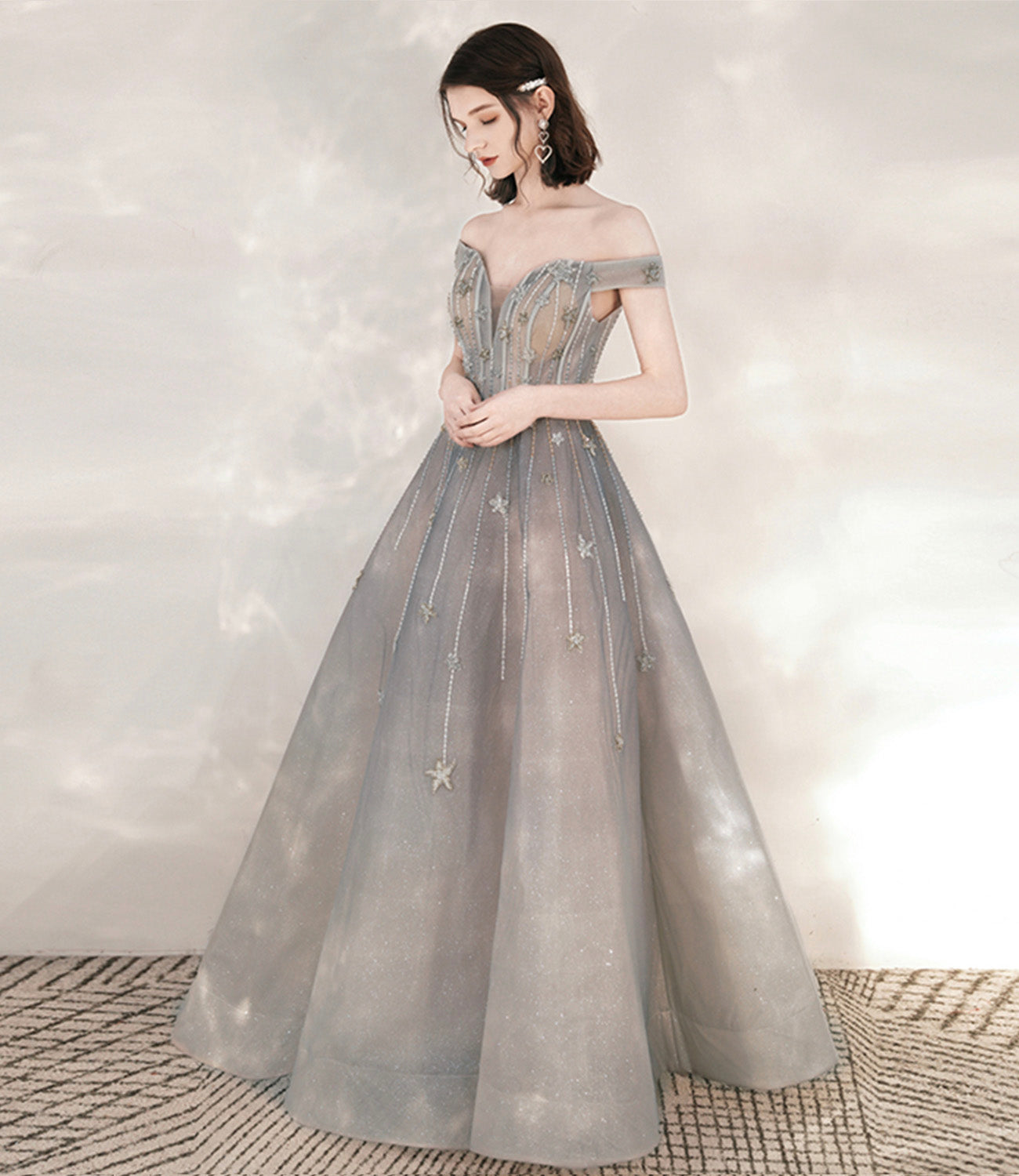 Gray tulle sequins long prom dress with star 10545