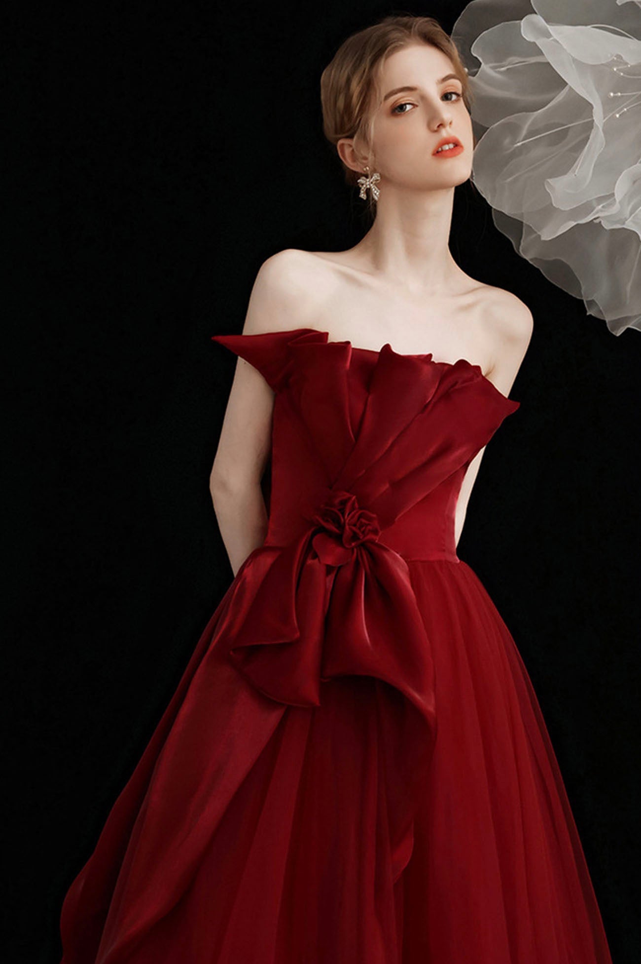 Burgundy tulle long prom dress A line evening dress 10603
