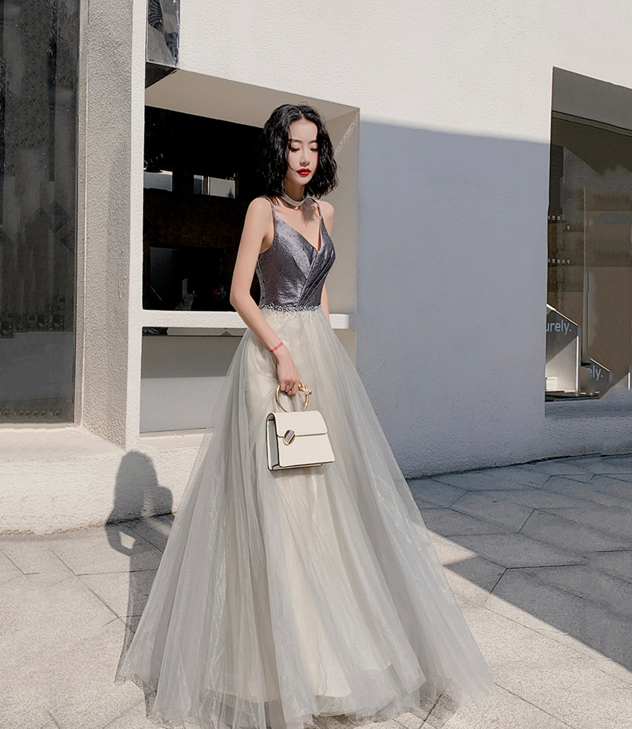 Gray tulle beads long prom dress A line evening dress 10514