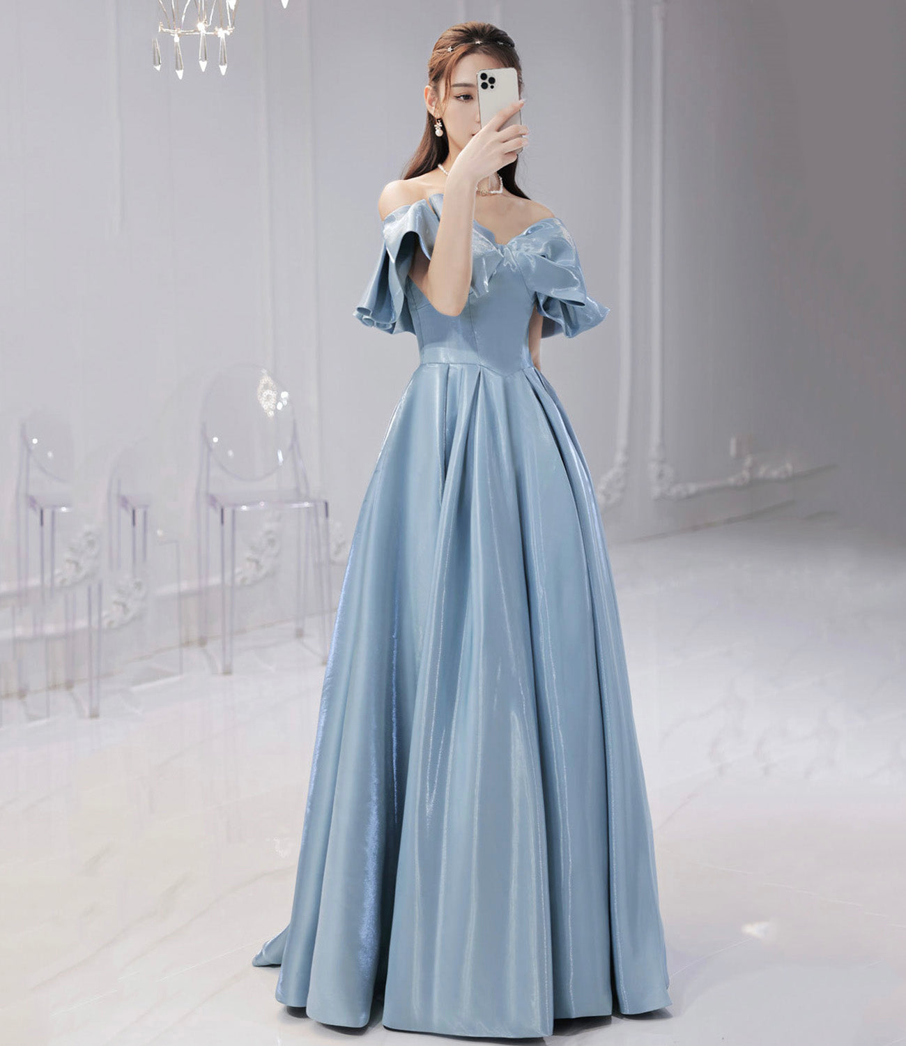 Blue satin long prom dress A line evening dress 10581