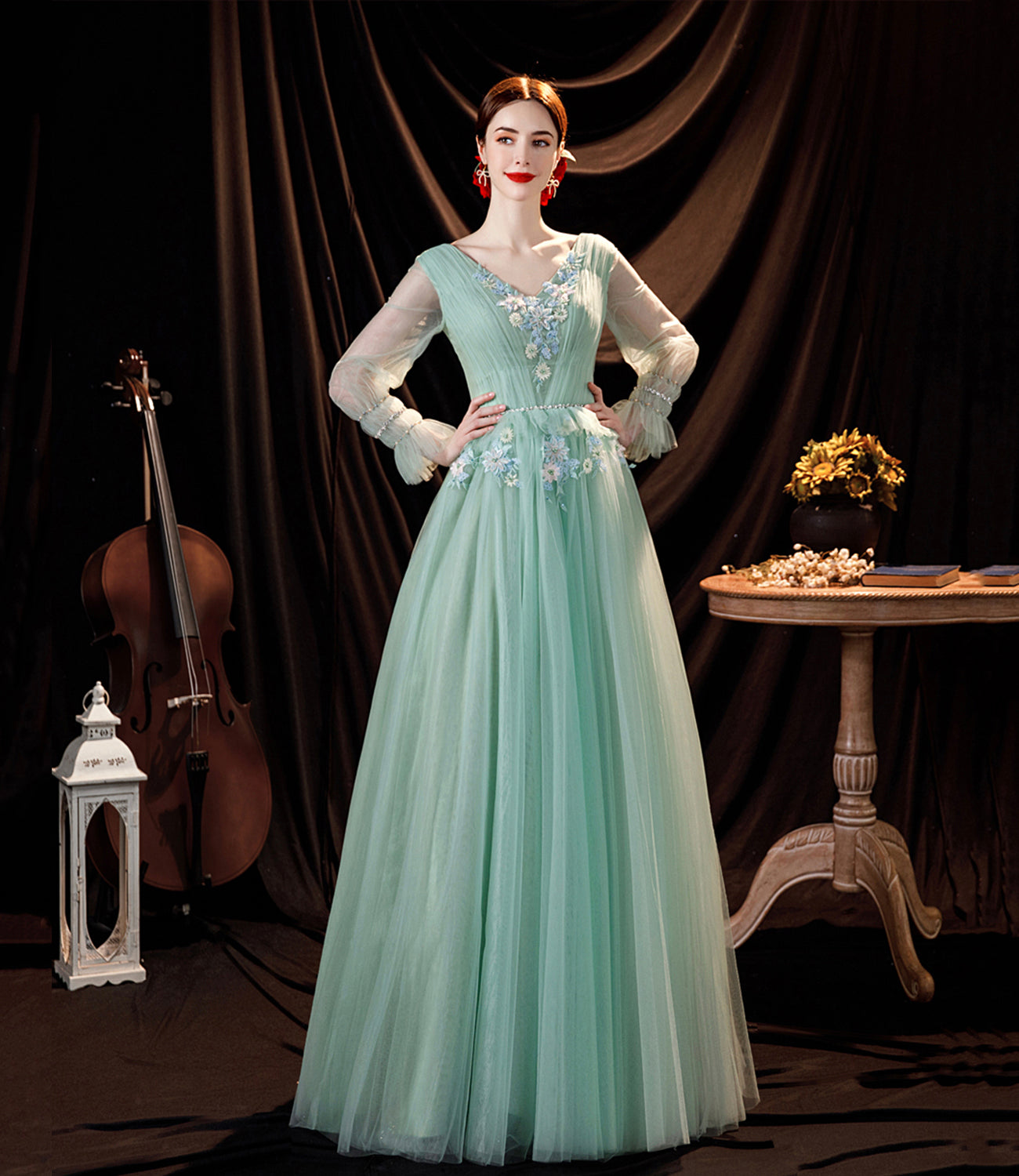 Green tulle lace long prom dress green evening dress 10535