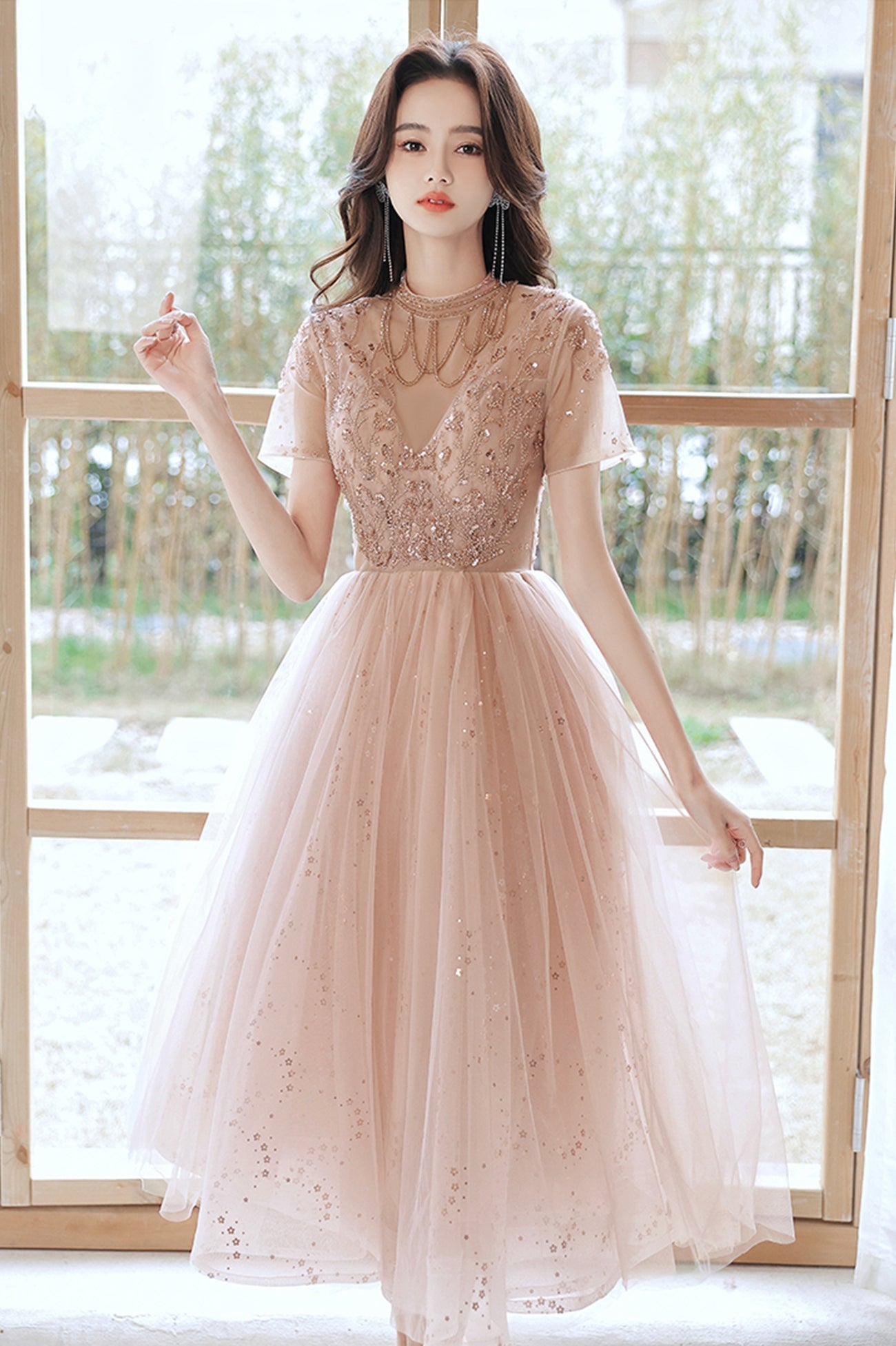 Cute tulle beads short prom dress A line party dress 10519