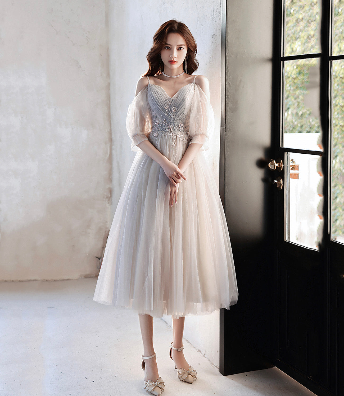 Cute tulle lace A line prom dress lace evening dress 10560