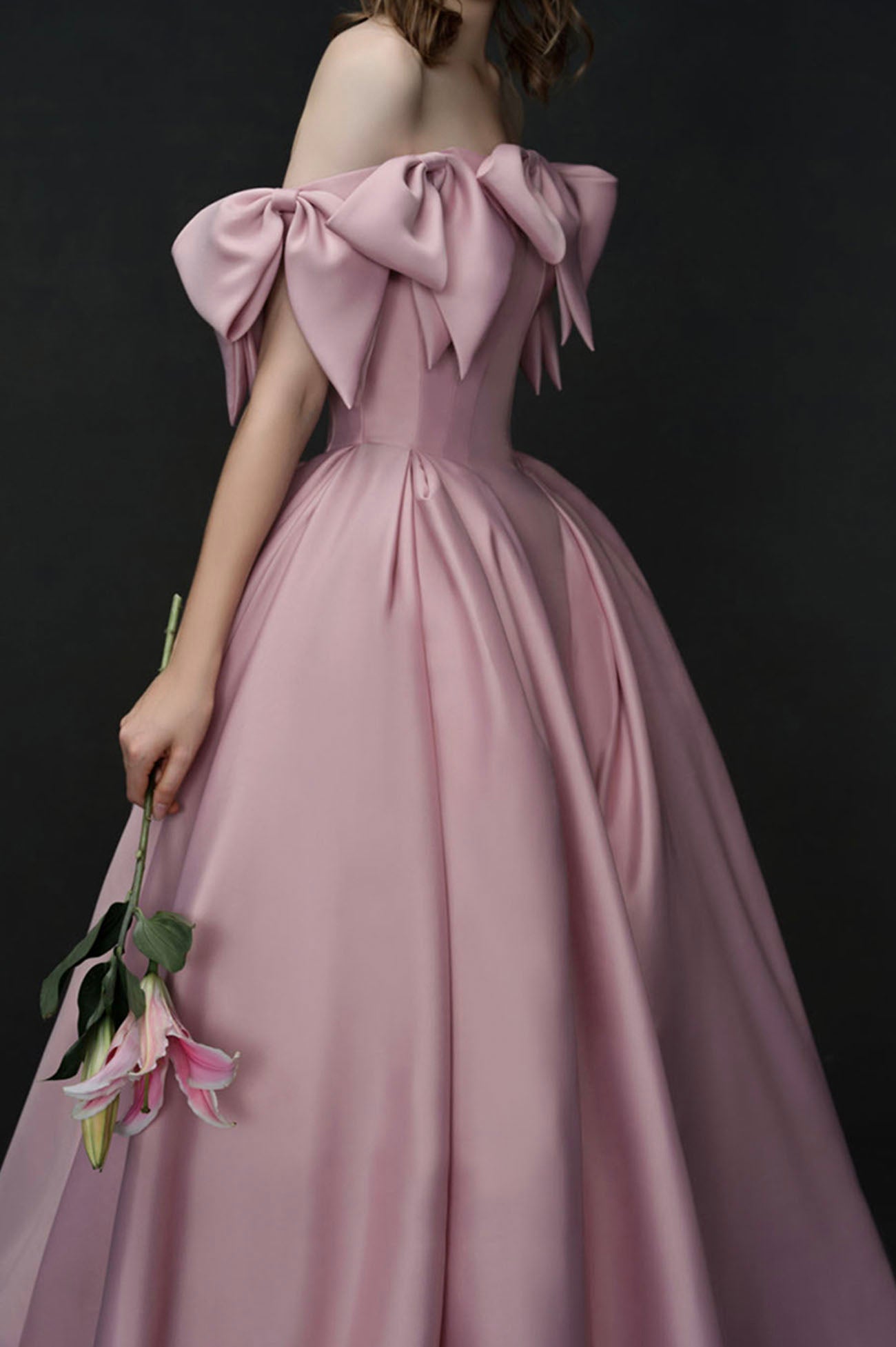 Unique Design Pink Bow Satin Long Prom Dress Princess Dress 10585
