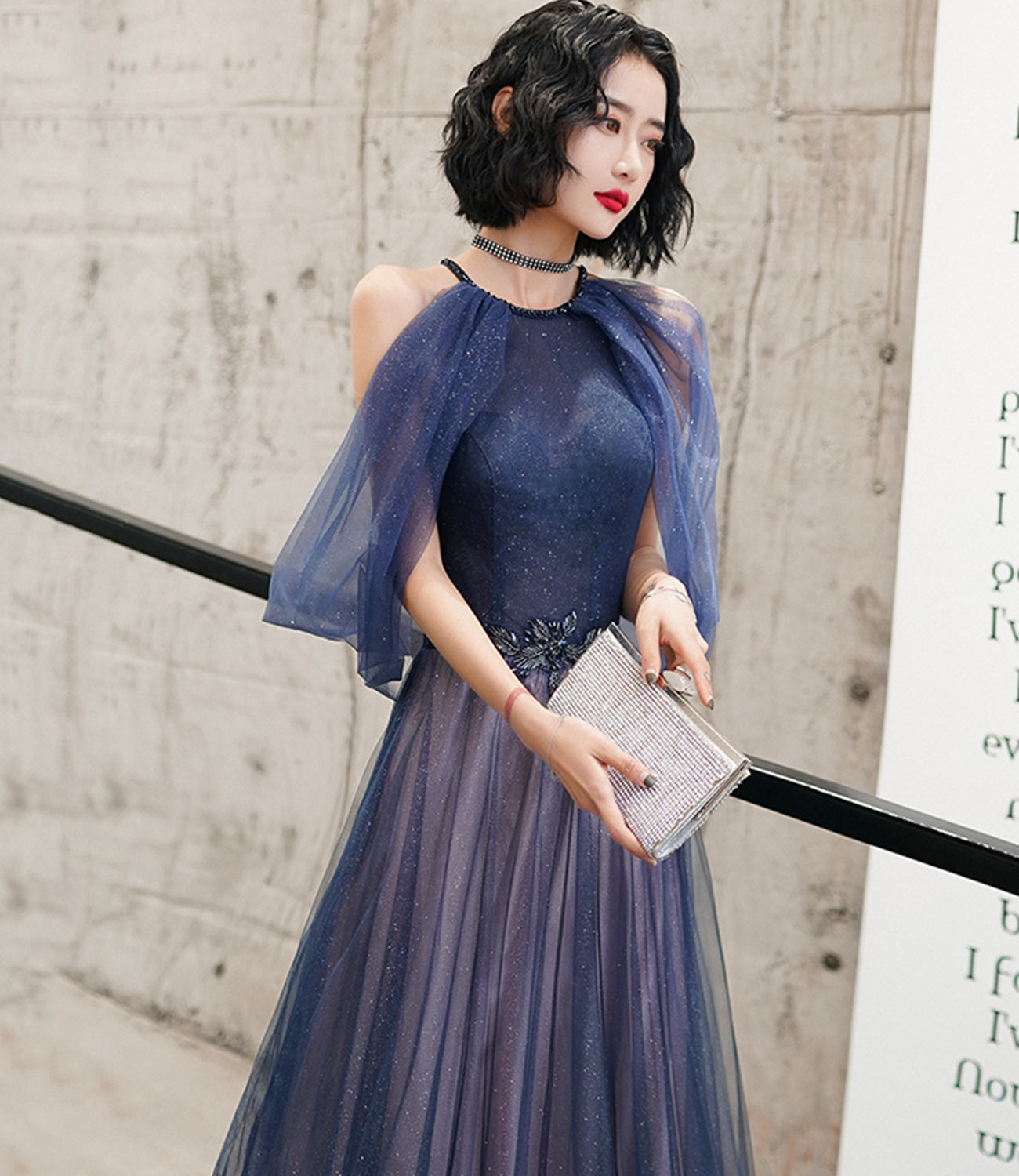 Blue tulle sequins long prom dress blue evening dress 10497