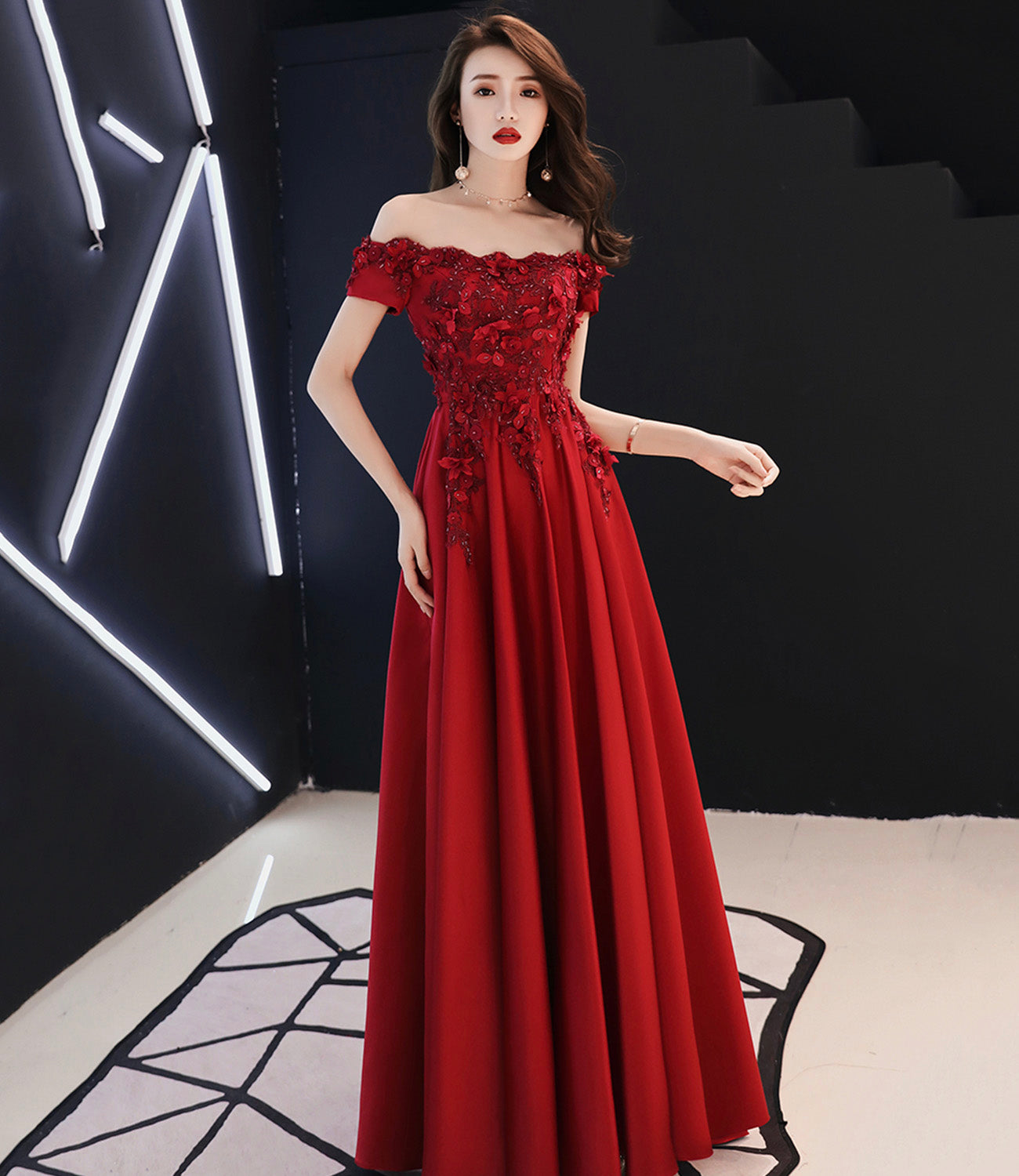 Burgundy satin lace long prom dress A line evening dress 10565