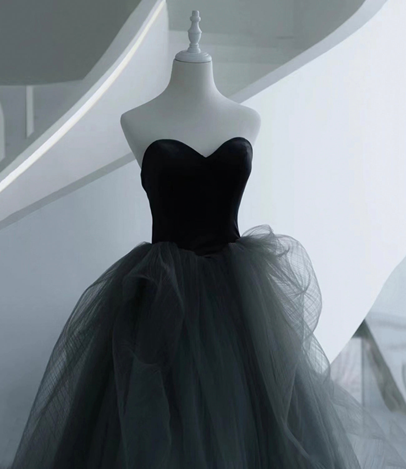 Black and gray tulle long prom dress A line evening dress 10517