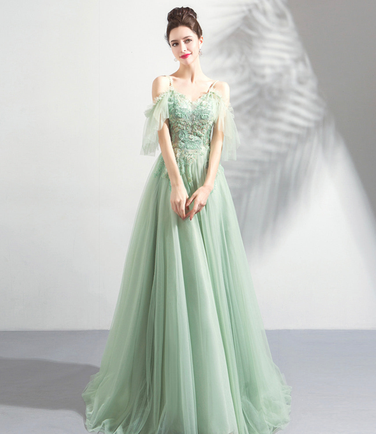 Green tulle lace long prom dress A line evening dress 10575