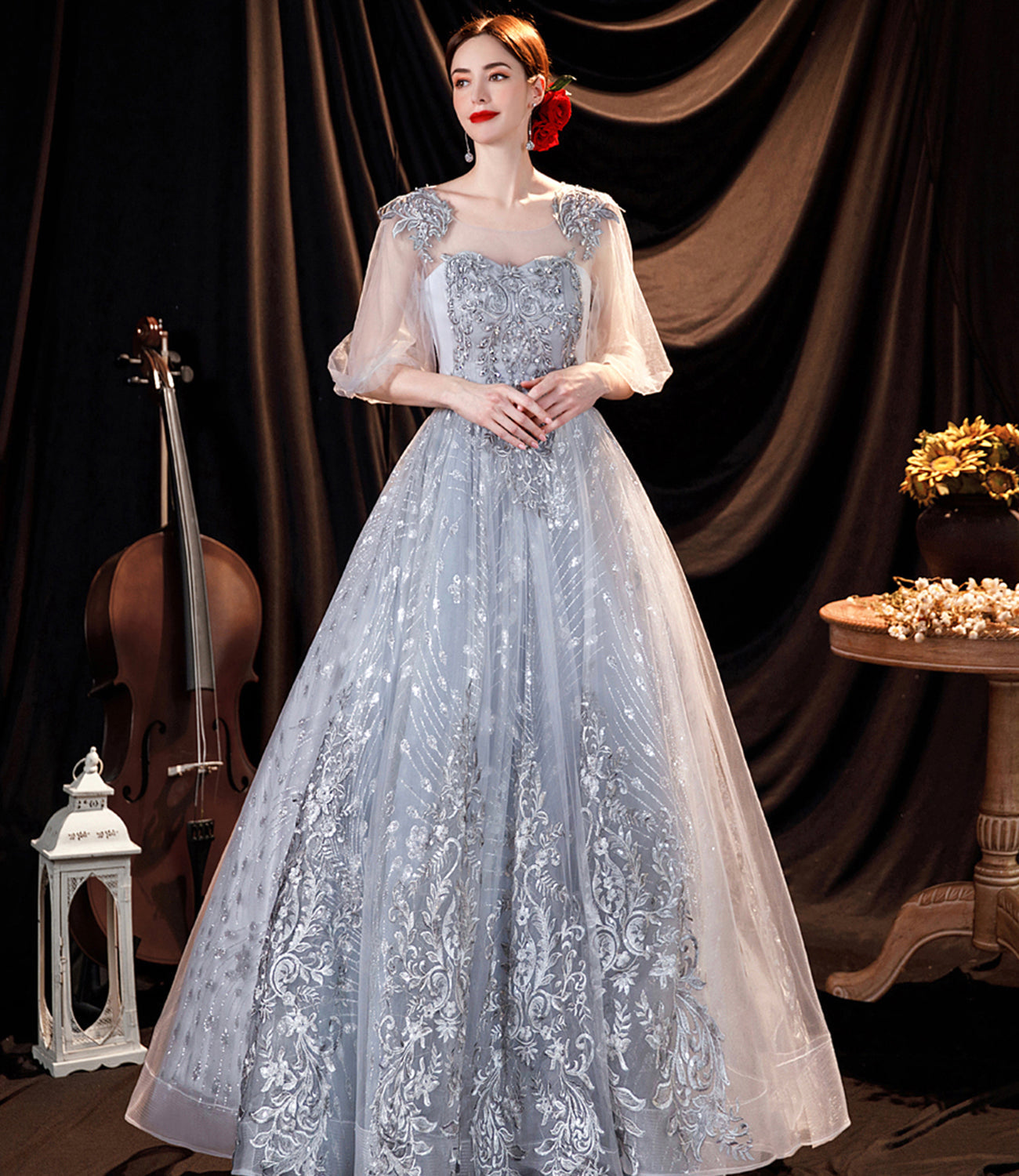 Gray tulle lace long prom dress A line evening gown 10508