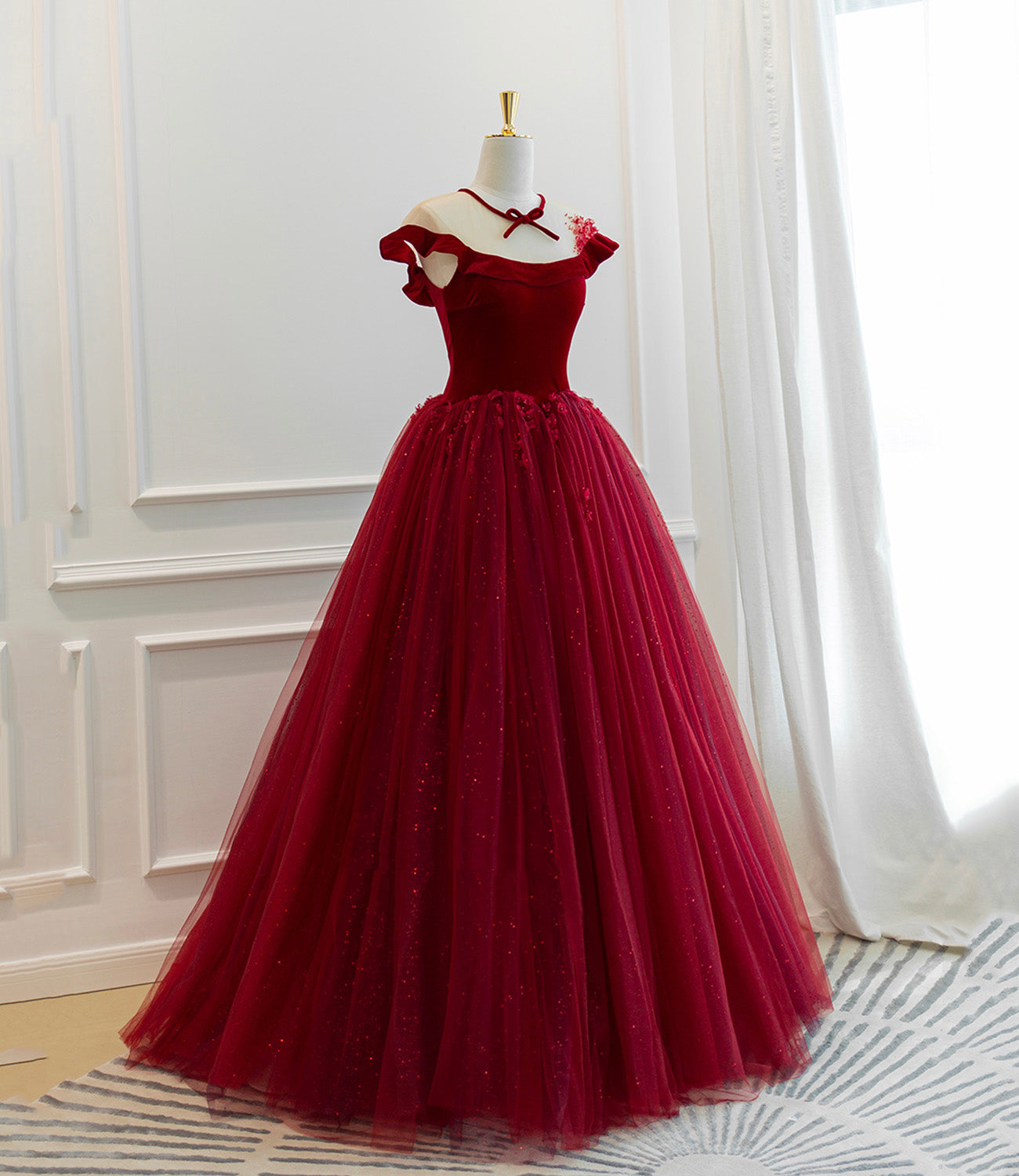 Burgundy velvet tulle long prom dress A line evening gown 10580