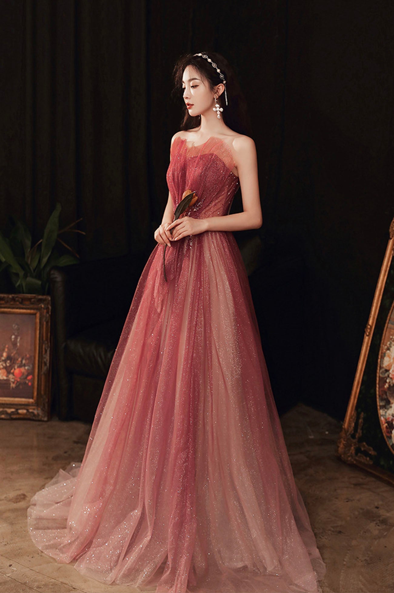 Burgundy tulle sequins long prom dress A line evening dress 10626