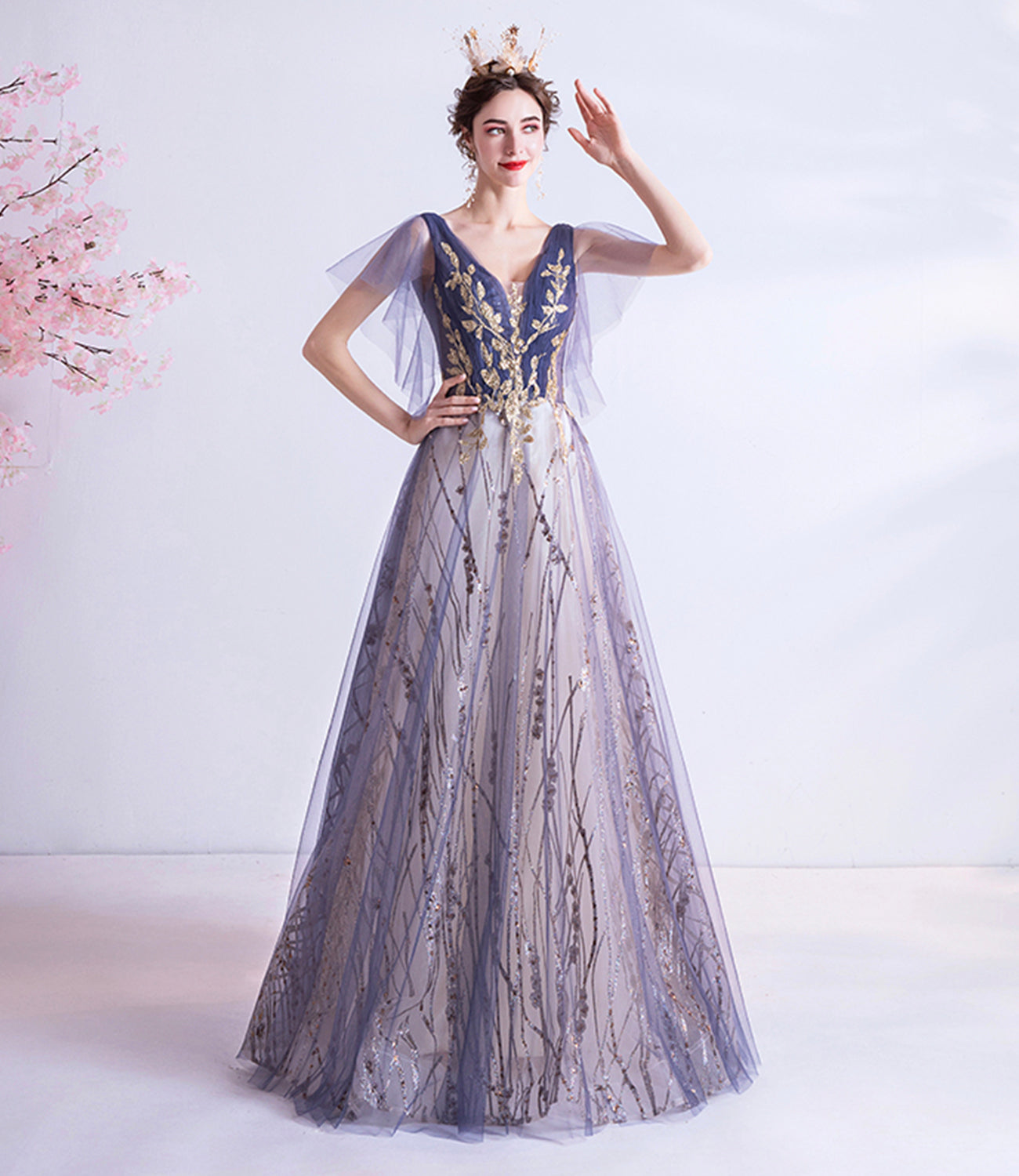 Purple tulle sequins long prom dress A line evening dress 10510