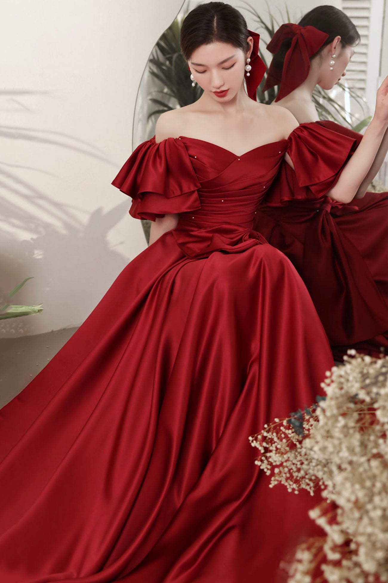 Burgundy satin long prom dress A line evening dress 10601