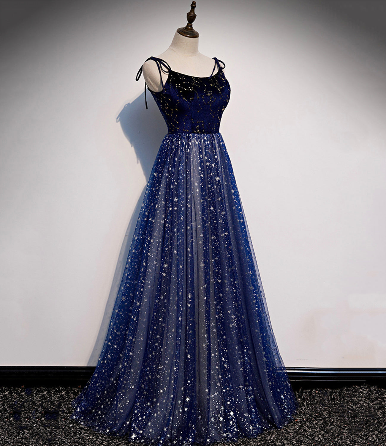 Blue velvet tulle long prom dress A line evening dress 10515