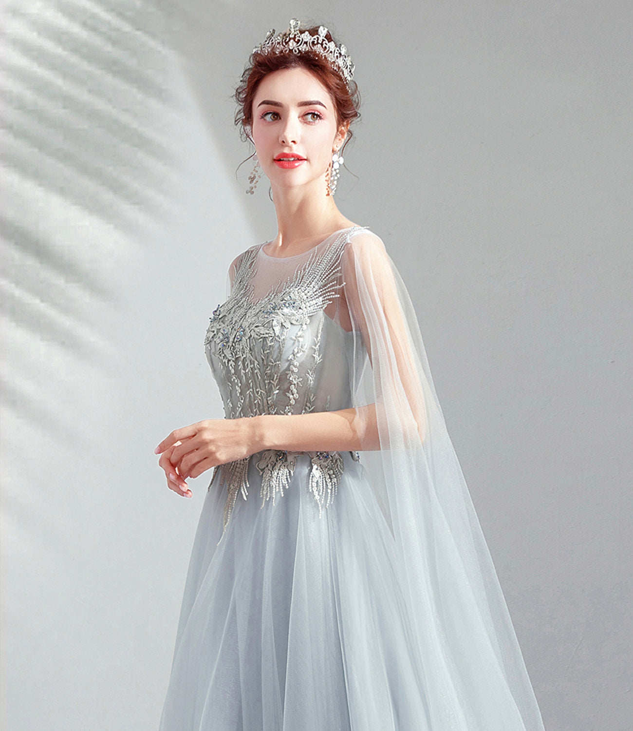 Gray tulle lace long prom dress A line evening dress 10509