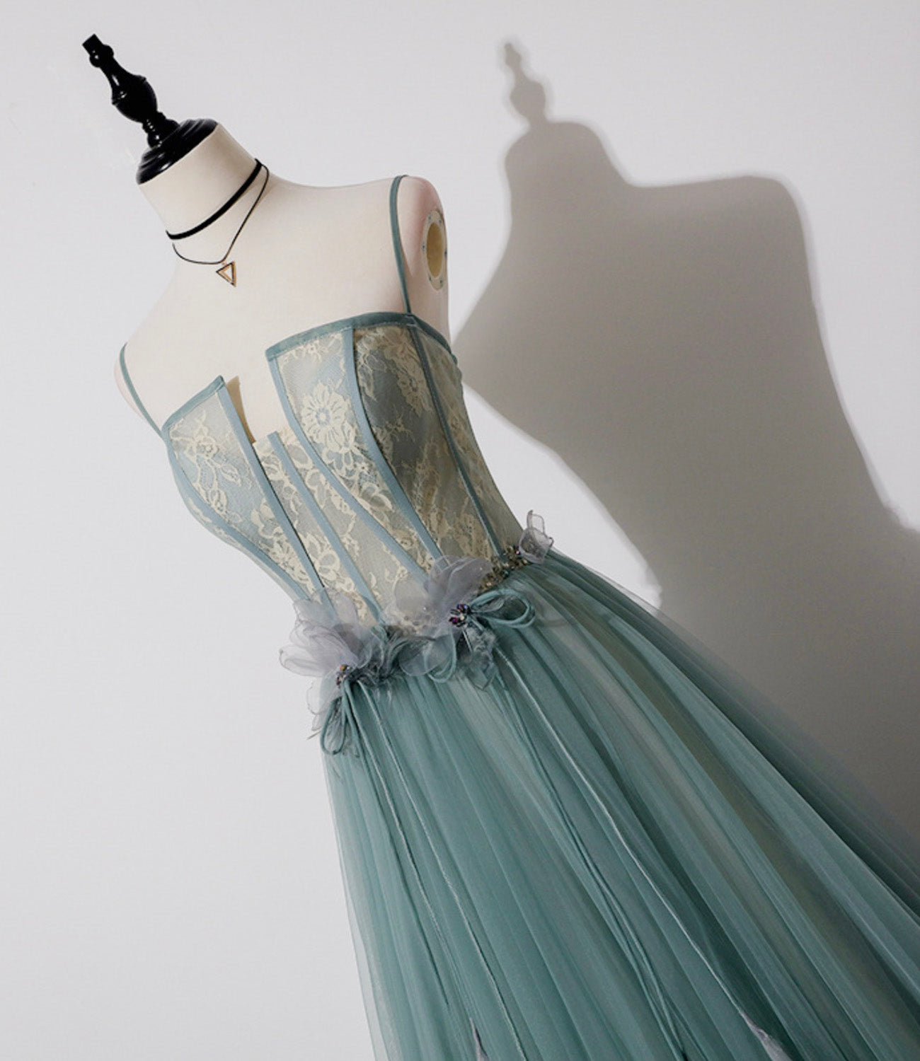 Green tulle lace long prom dress A line evening dress 10557